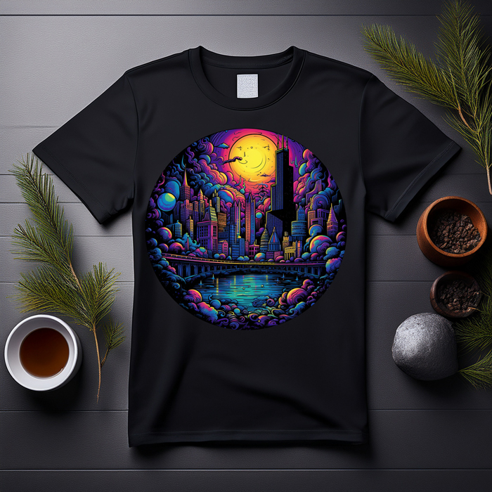 Neon cityscape graphic tee with vibrant urban skyline