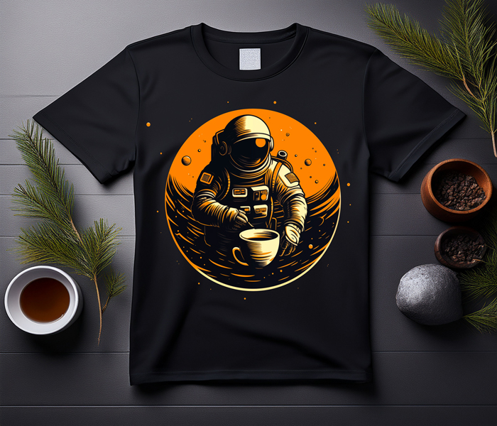 Retro astronaut coffee-themed graphic tee