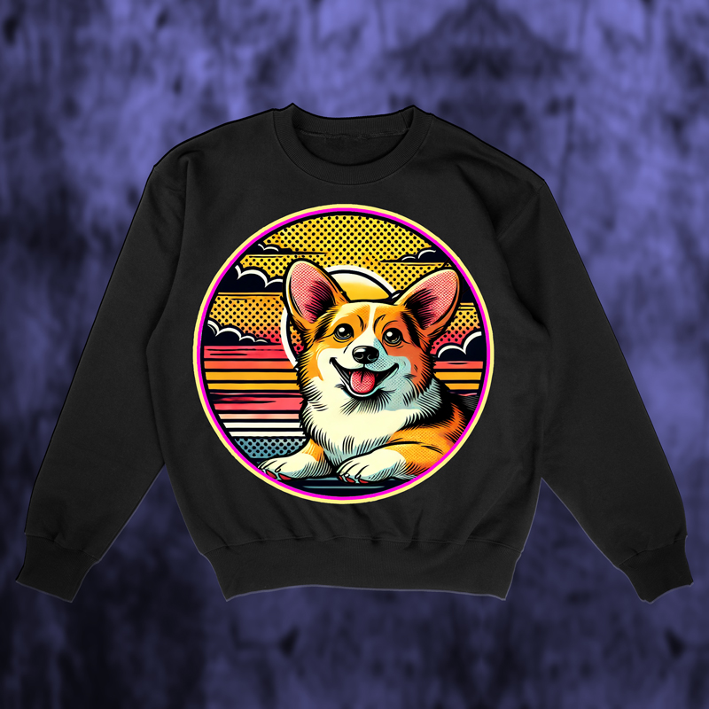 Cozy sweatshirt with corgi and sunset artwork